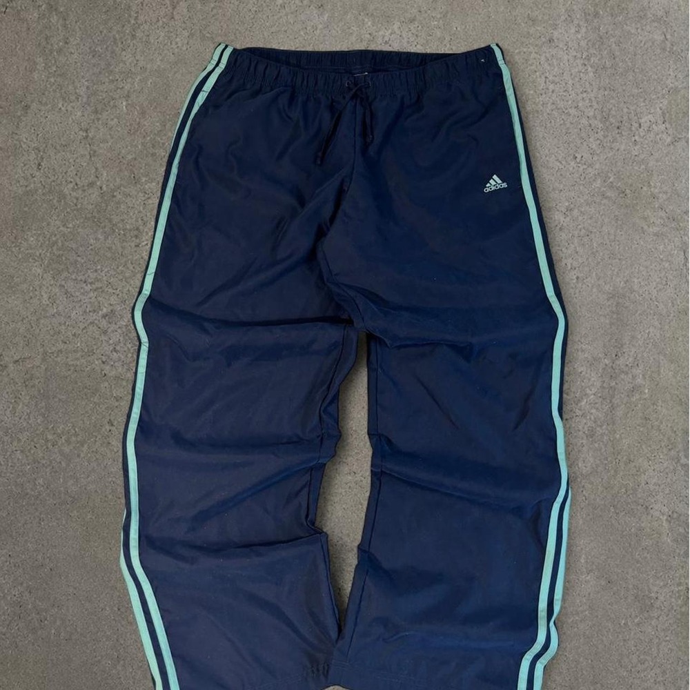 2000s baggy adidas navy y2k blue track pants with light blue stripes